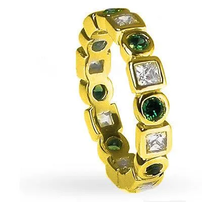 1.65 CT Round & Princess Cut Green Emeralds & Diamonds - Eternity Ring