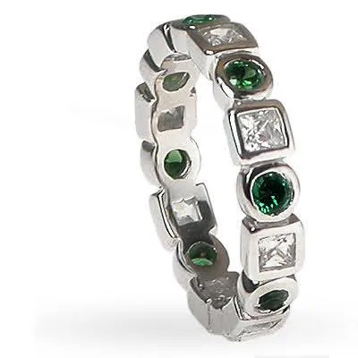 1.65 CT Round & Princess Cut Green Emeralds & Diamonds - Eternity Ring