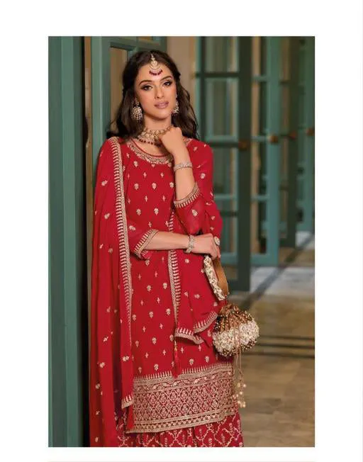 Attractive Red Color Designer Blooming Georgette With Embroided Work Palazzo Suits With Fancy Dupatta