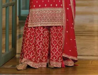 Attractive Red Color Designer Blooming Georgette With Embroided Work Palazzo Suits With Fancy Dupatta