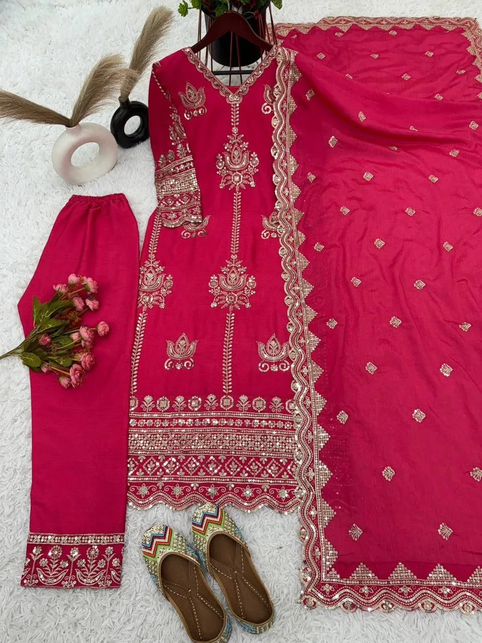 Beautiful Pink Color Pure Heavy Chinon Silk Sharara Suits With Embroidery Sequence Work