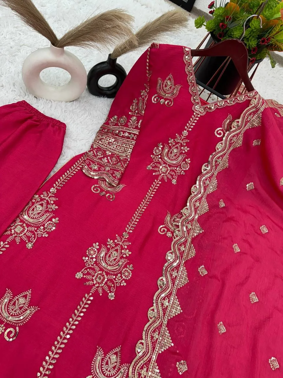Beautiful Pink Color Pure Heavy Chinon Silk Sharara Suits With Embroidery Sequence Work