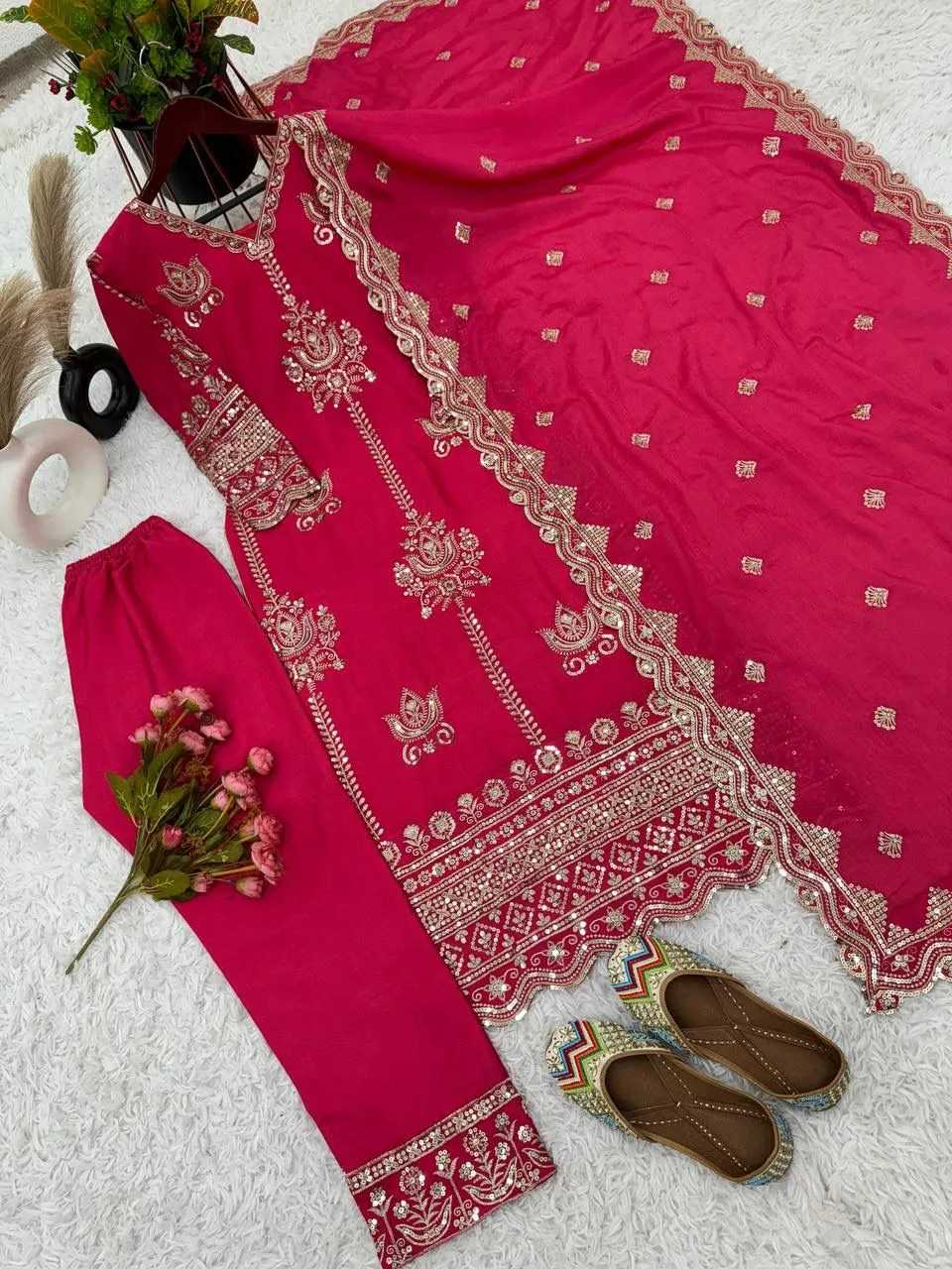 Beautiful Pink Color Pure Heavy Chinon Silk Sharara Suits With Embroidery Sequence Work