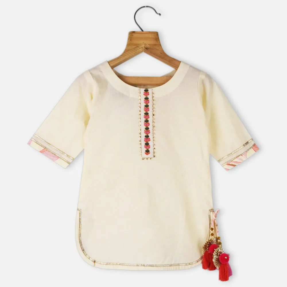 Beige Tropical Printed Cotton Kurta With Koti & Sharara