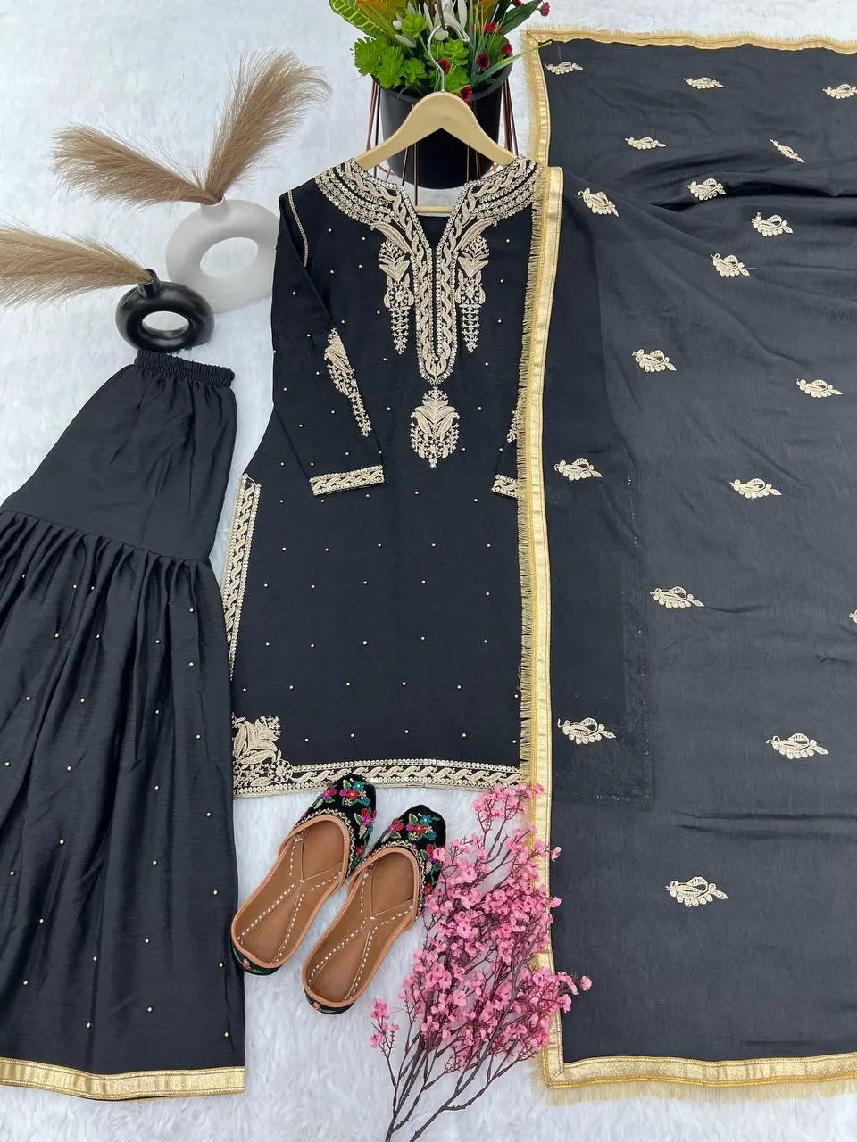 Charming Black Colored Pure Chinon Silk Heavy Embroidery Work Sharara Suits Sets For Women