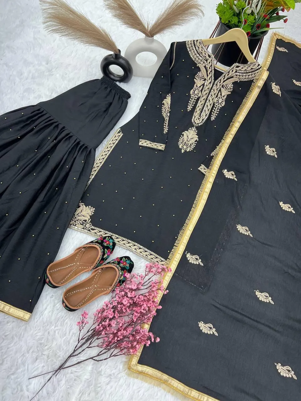 Charming Black Colored Pure Chinon Silk Heavy Embroidery Work Sharara Suits Sets For Women