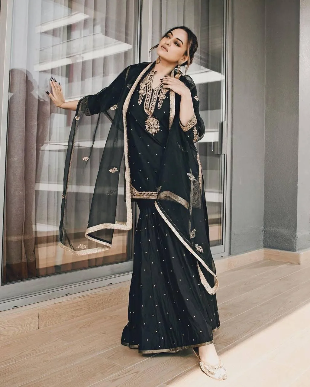 Charming Black Colored Pure Chinon Silk Heavy Embroidery Work Sharara Suits Sets For Women