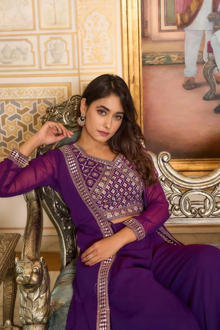 Dazzling Violet Color Heavy Georgette Embroidery Lace Kurti With Palazzo Suits For Women