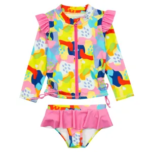 Girls Long Sleeve Rash Guard Ruffle Bottom Swimsuit Set (2 Piece) | "Joyful"
