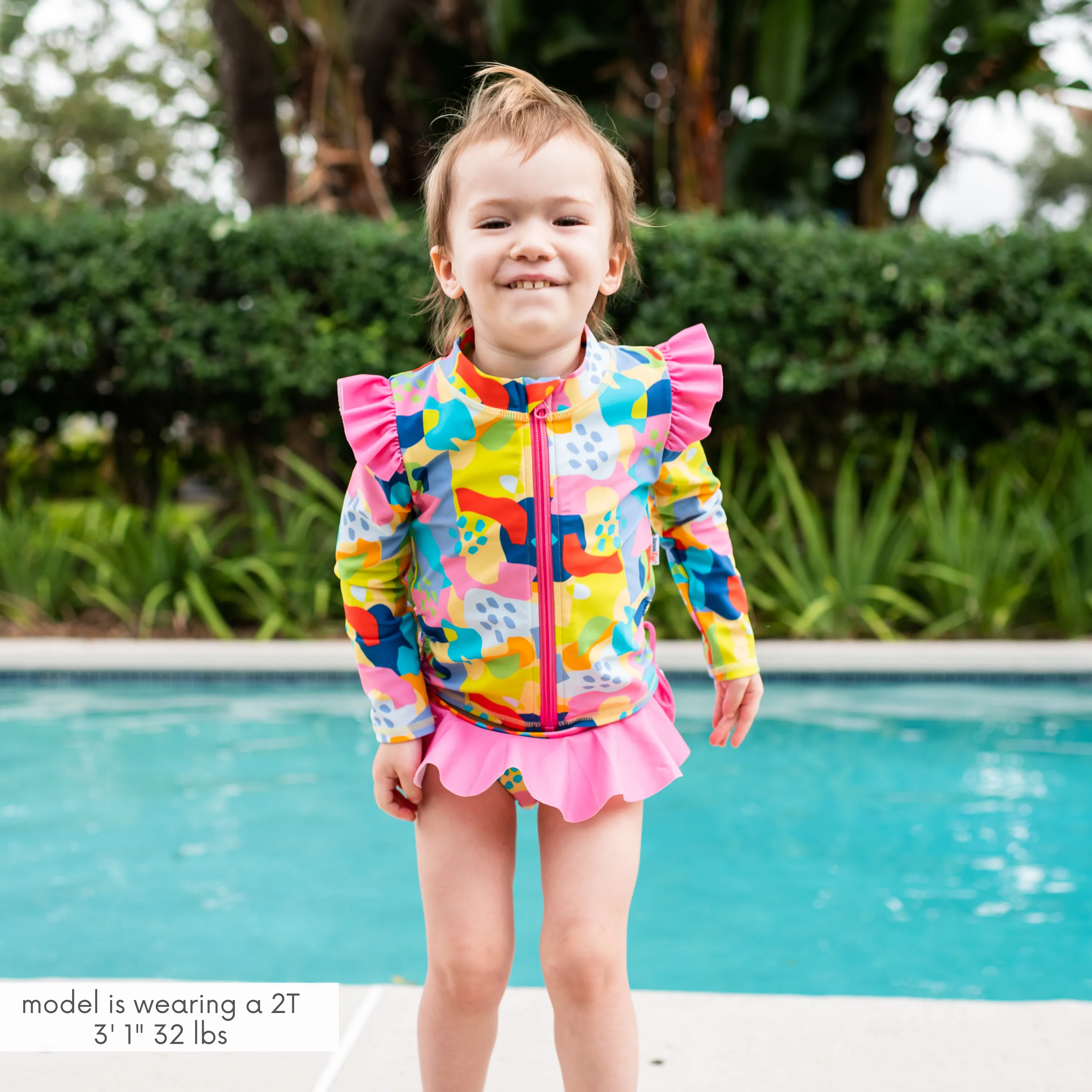 Girls Long Sleeve Rash Guard Ruffle Bottom Swimsuit Set (2 Piece) | "Joyful"
