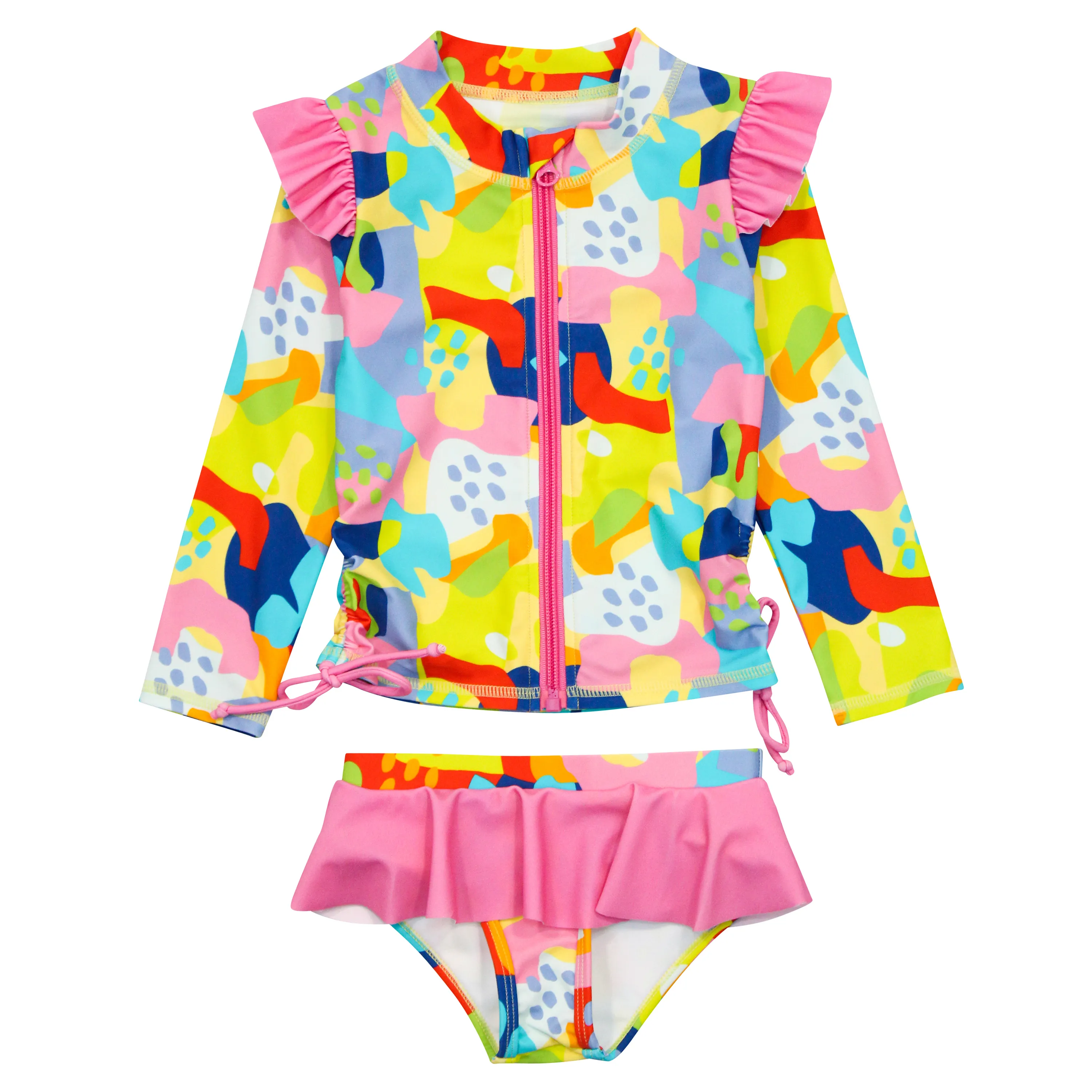 Girls Long Sleeve Rash Guard Ruffle Bottom Swimsuit Set (2 Piece) | "Joyful"