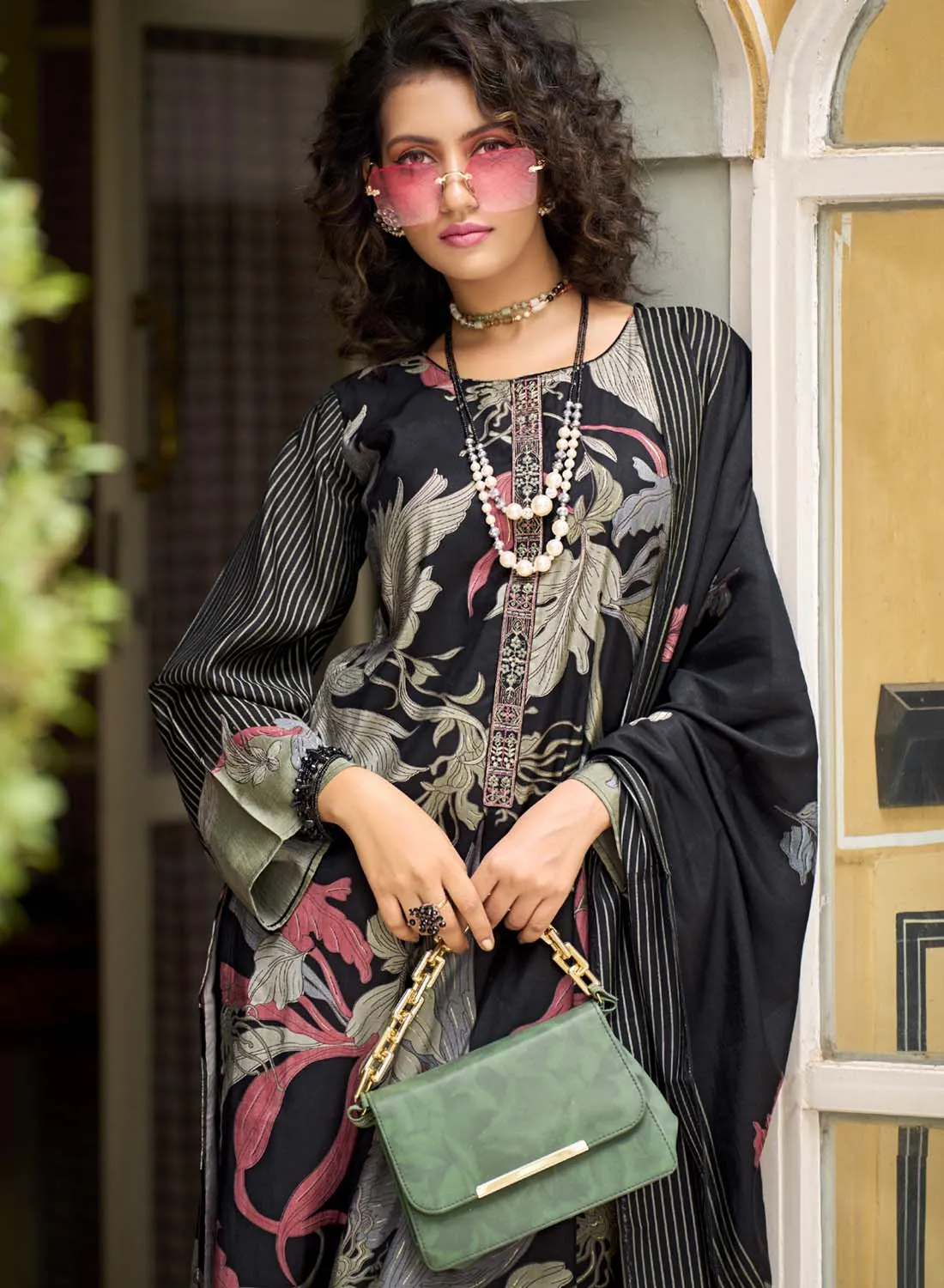 Kilory Black Unstitched Muslin Salwar Suit Dress Material for Women