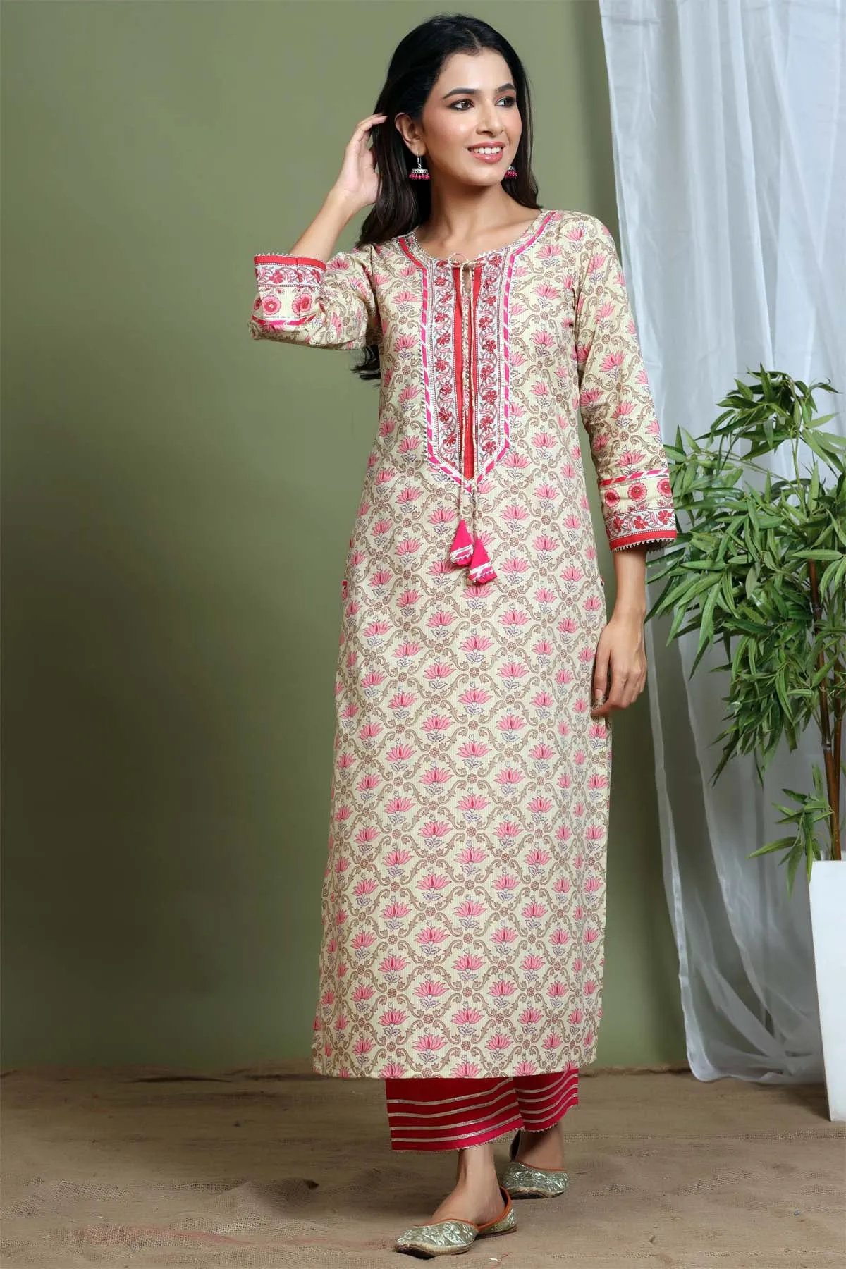 Long length straight fit kurta in olive green