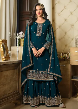 Lovely Teal Blue Embroidered Georgette Pakistani Gharara Suit