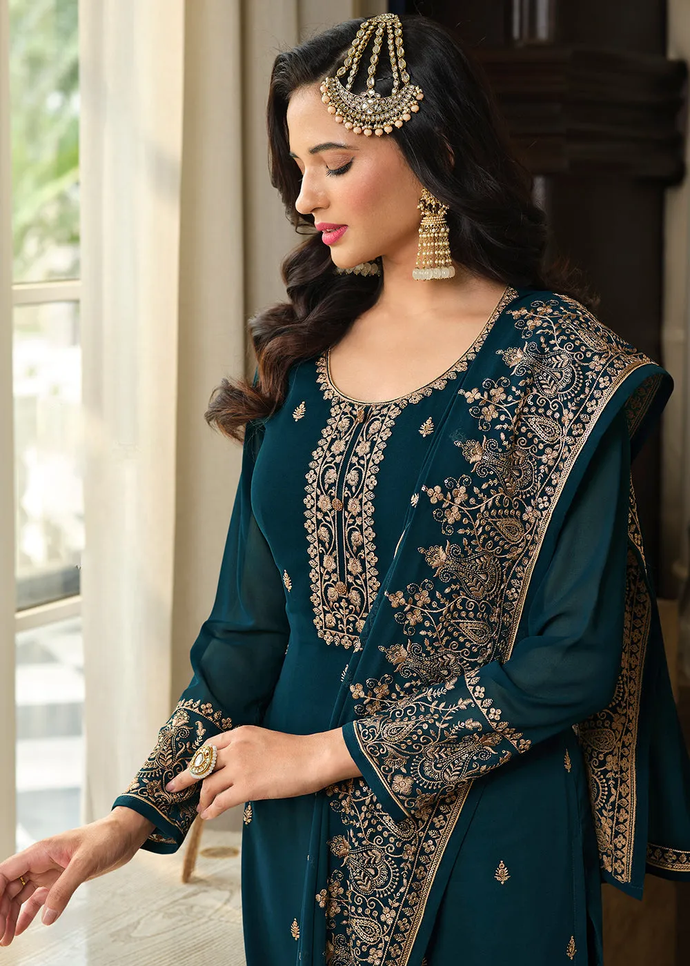 Lovely Teal Blue Embroidered Georgette Pakistani Gharara Suit