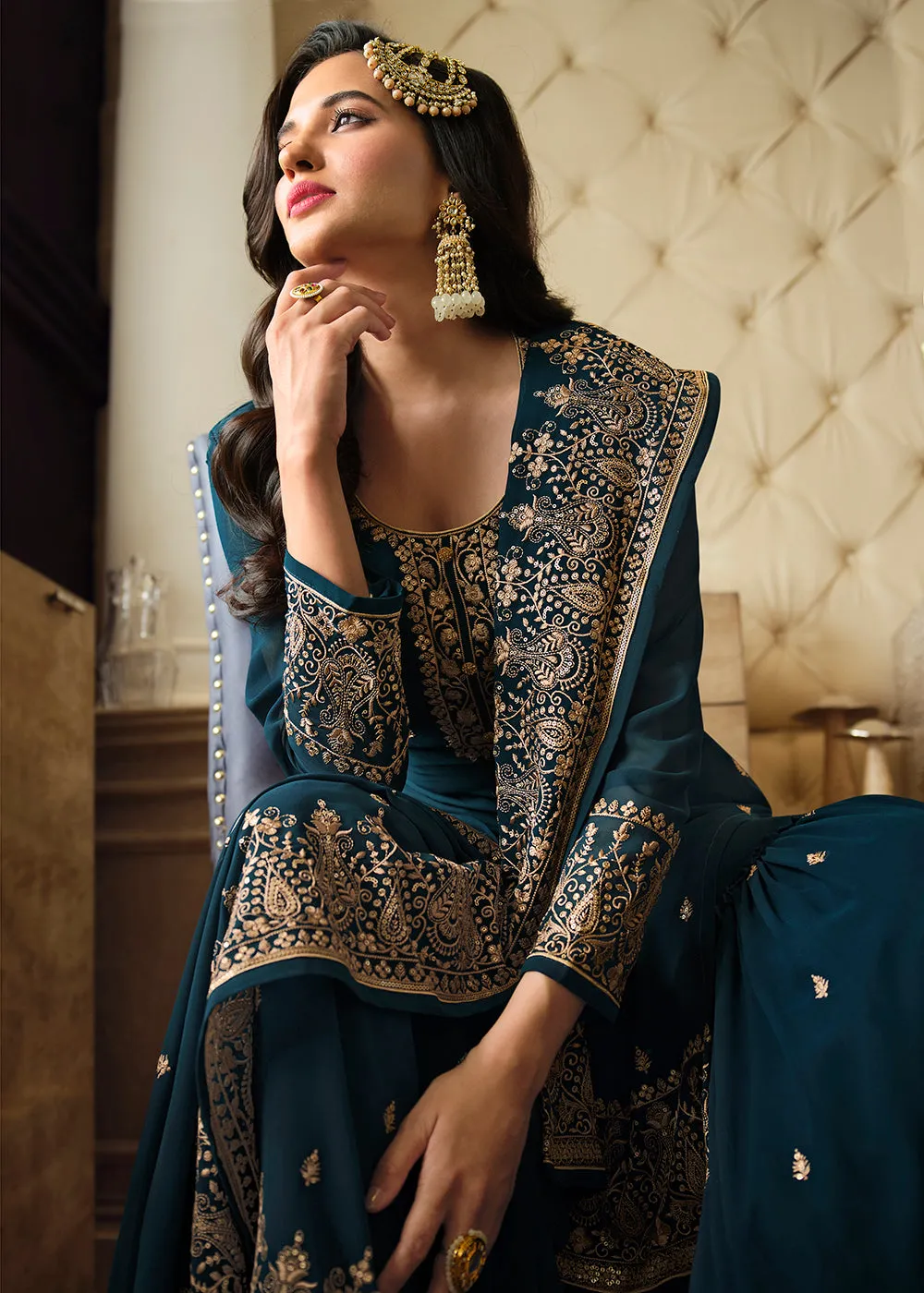 Lovely Teal Blue Embroidered Georgette Pakistani Gharara Suit