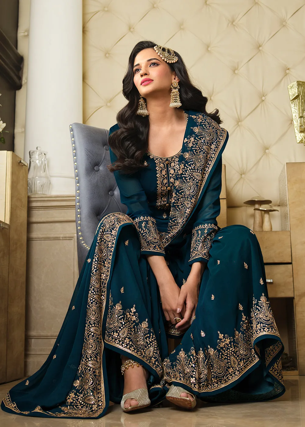 Lovely Teal Blue Embroidered Georgette Pakistani Gharara Suit