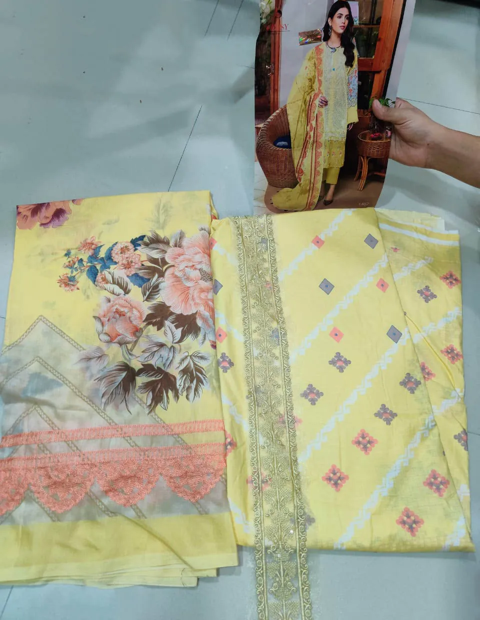Pakistani Yellow Cotton Suits Material with Chiffon Dupatta