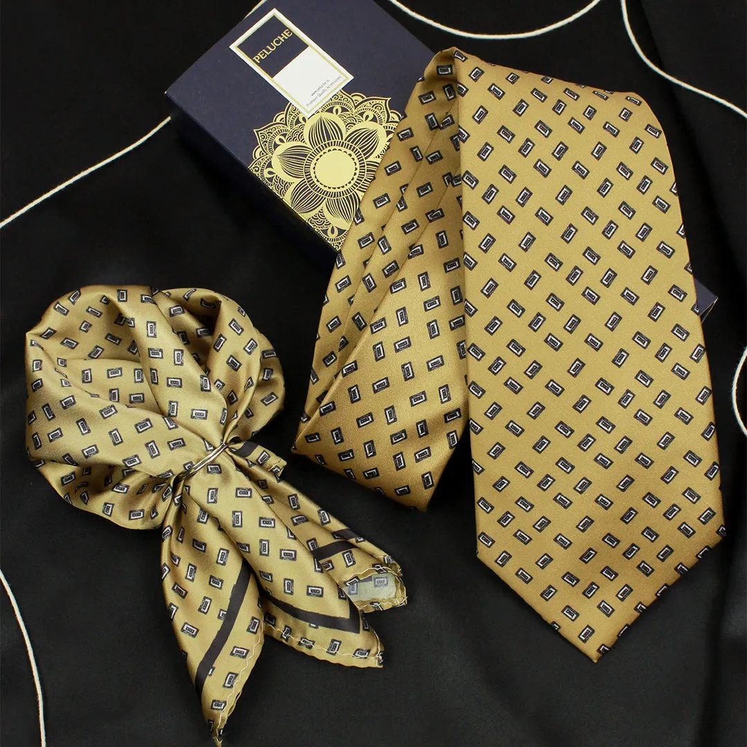 Peluche Monochrome Mosaic Brown Broad Neck Tie & Pocket Square Set for Men