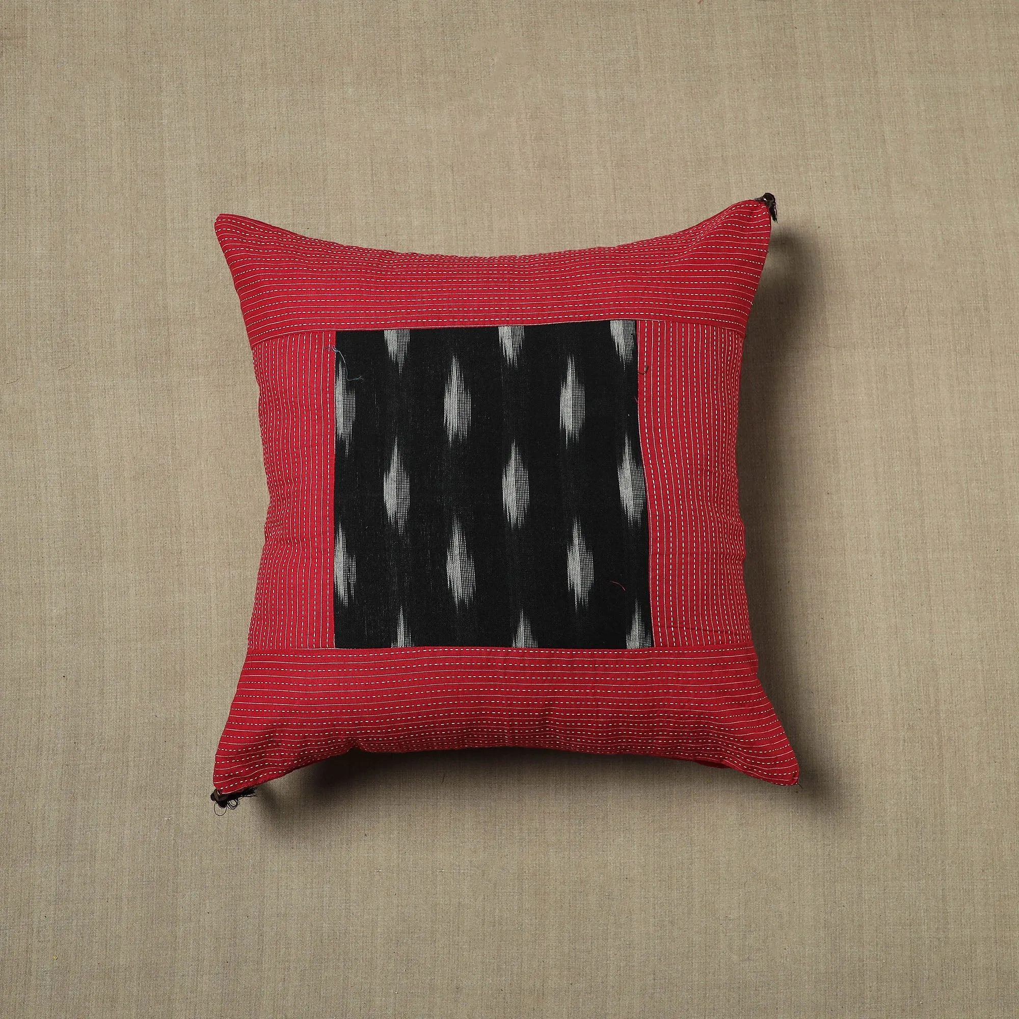 Red - Pure Cotton Kantha Stitch Ikat Cushion Cover (16 x 16 in) 09