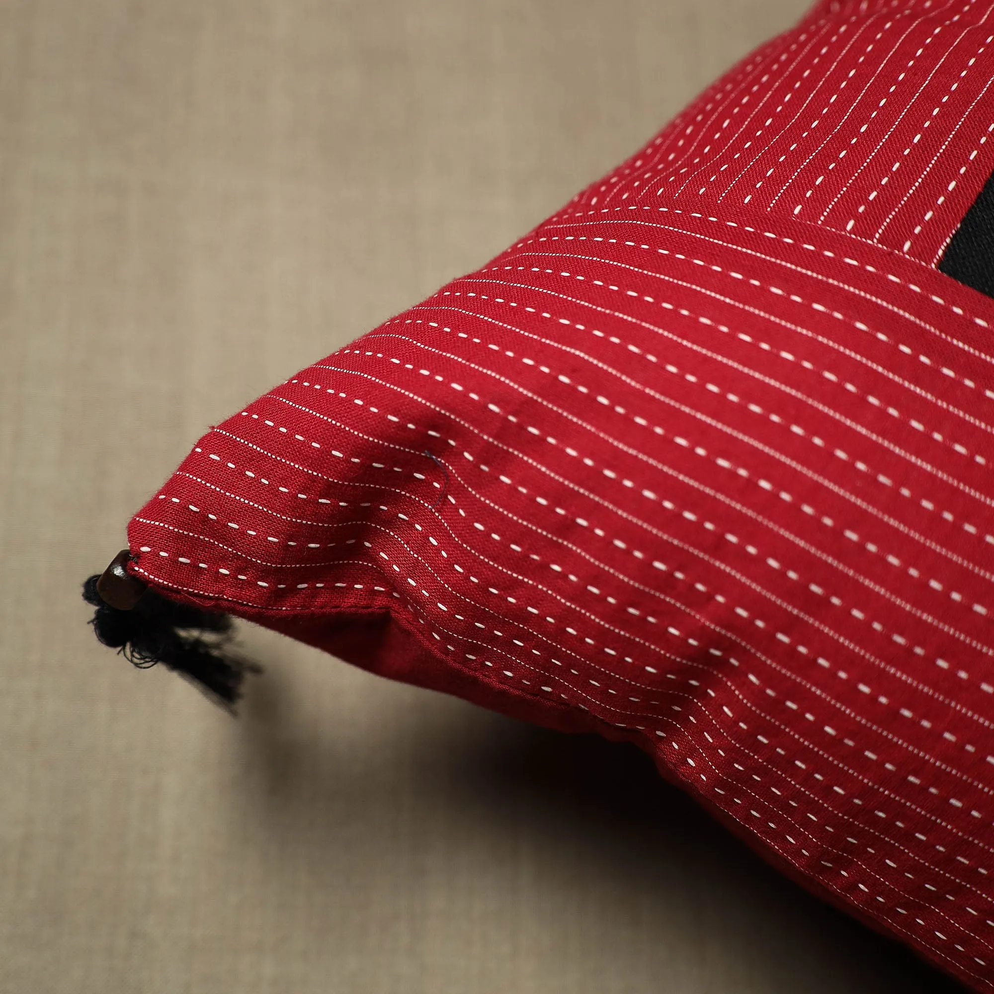 Red - Pure Cotton Kantha Stitch Ikat Cushion Cover (16 x 16 in) 09