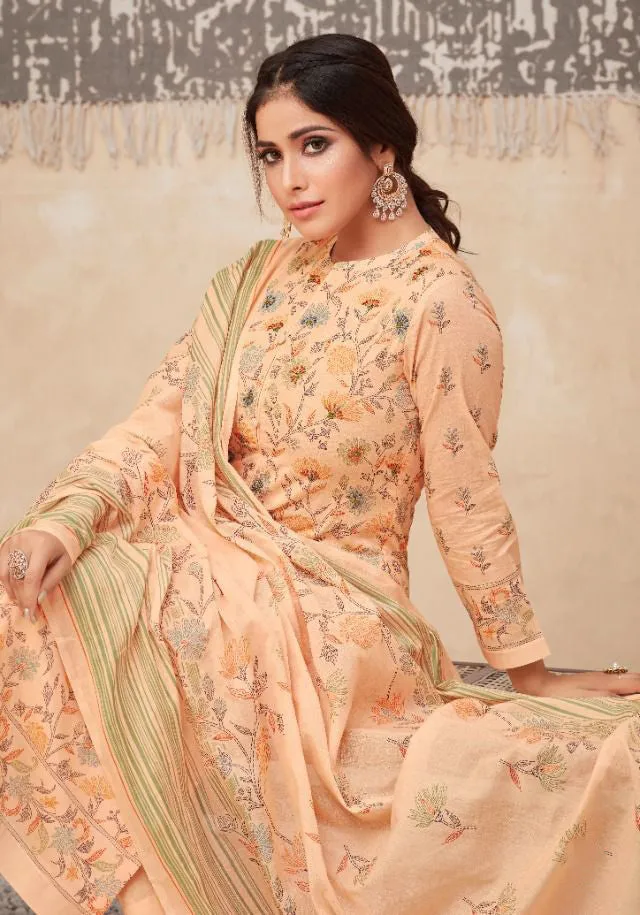 Unstitched Orange Printed Cotton Suits With Kota Work