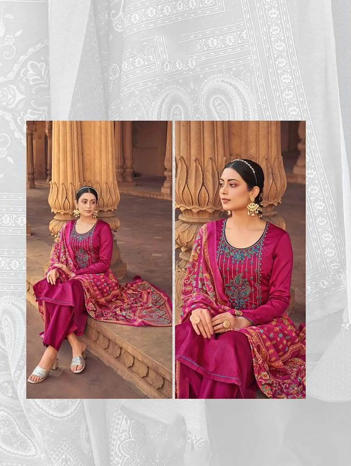 Unstitched Pink Jam Satin Printed Dress Material With Embroidery