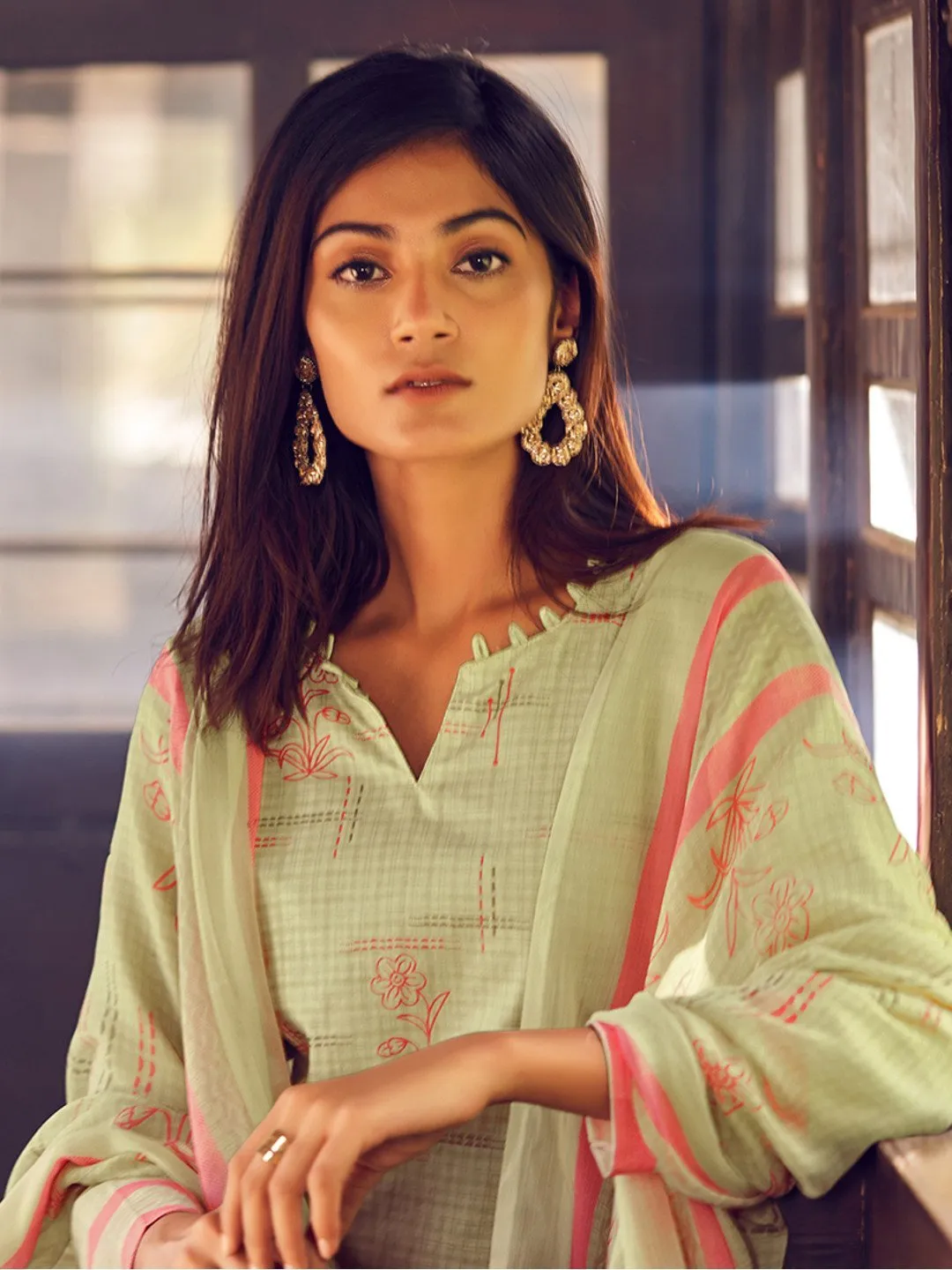 Women's Green Unstitched Cotton Suit Dress Material with Dupatta