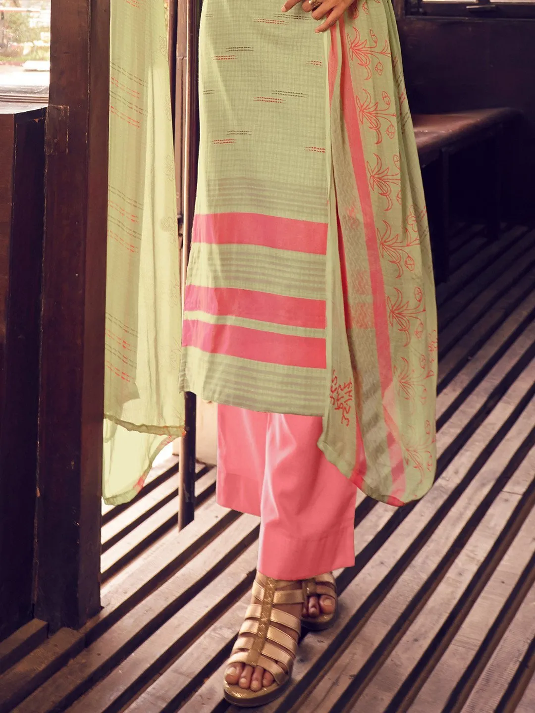 Women's Green Unstitched Cotton Suit Dress Material with Dupatta